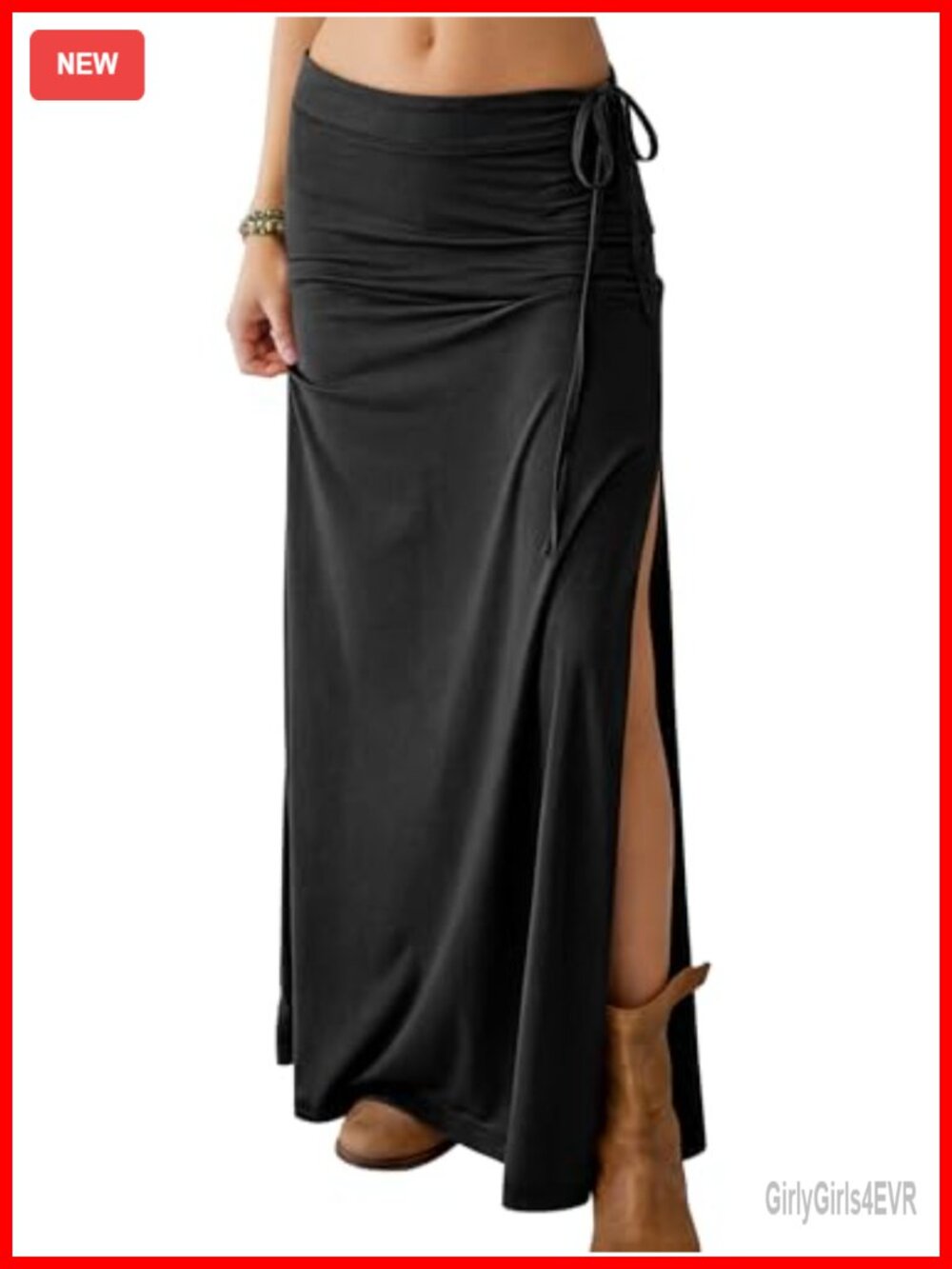 High Waisted Side Slit Maxi Skirt Flared Elastic Waist Drawstring